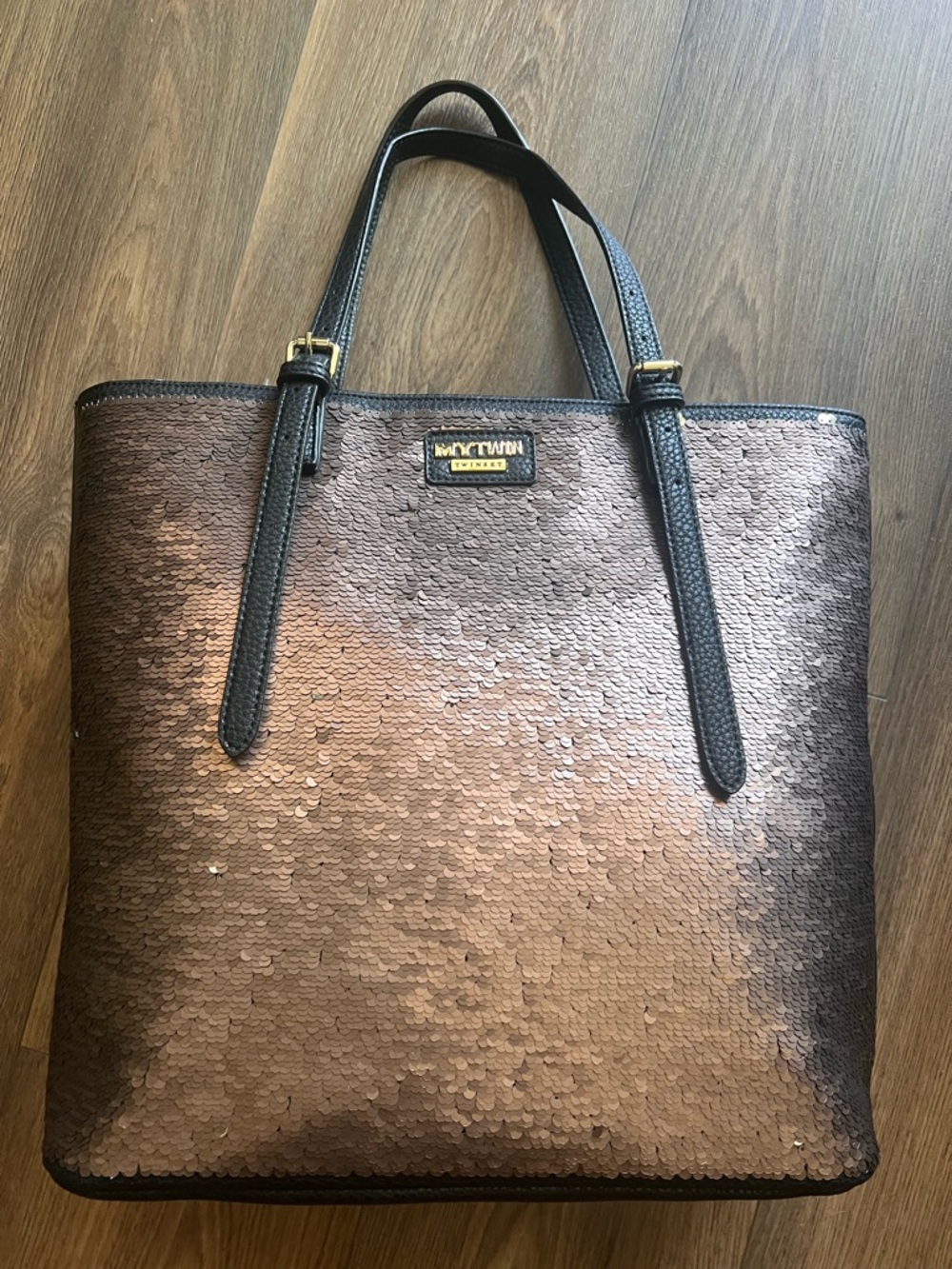 Twin-Set Italian brand Bronze Sequin Tote with Black Handles, New w/o Tag